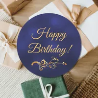 Happy Birthday with elegant blue and gold decor Classic Round Sticker