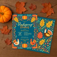 Harvest Turkey Folk Art Autumn Leaves Thanksgiving Invitation