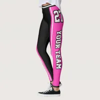 Sports Team Name Number Hot Pink Black Striped Leggings