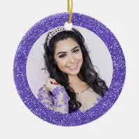 Pretty Purple Faux Glitter Monogram Photo Ceramic Ornament