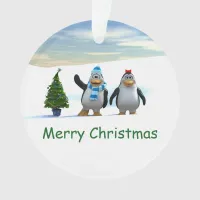 Cute Cartoon Penguin Pair with Tree Ornament