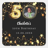 50th birthday black gold stars photo square sticker