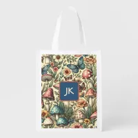 Vintage Mushrooms, Flowers, Butterflies Whimsical Grocery Bag