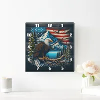 Majestic Eagle Perched With Mountains and Flag Square Wall Clock