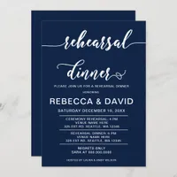 Navy and White Elegant Script Rehearsal Dinner Invitation