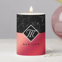Elegant Black Marble & Rosé Red Foil Monogram Pillar Candle