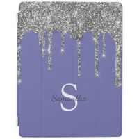 Silver Glitter Drips Periwinkle Blue Monogram Name iPad Smart Cover