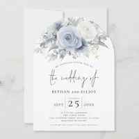 Dusty Blue Florals Photo QR Code Arch Wedding Invitation