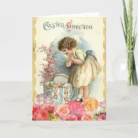 Personalized Easter Card, Vintage Girl and Flowers Holiday Card