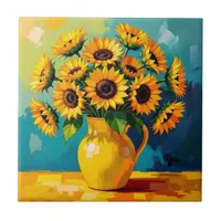 Yellow Sunflowers with Turquoise Background Ceramic Tile