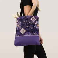 Dark Purple Floral and Faux Gold Color Block Tote Bag