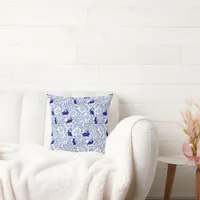 Blue Chinoiserie Rabbit-Vintage Rabbit &Floral Art Throw Pillow