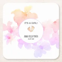 *~* Baby Shower Peach Pink Floral  Feet Watercolor Square Paper Coaster