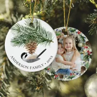 Chickadee on Pine Sprig Christmas Photo Wreath Ceramic Ornament