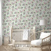 Vintage watercolor pink peonies dots green wallpaper 