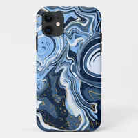 Blue, White and Gold Swirls Fluid Art   iPhone 11 Case