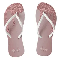 Chic Rose Gold Sparkle Glitter Drips Monogram Flip Flops