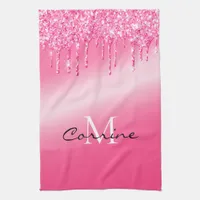 Monogram Hot Pink Dripping Glitter Metallic Waffle Kitchen Towel