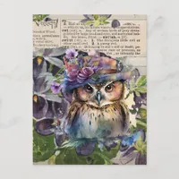 Watercolor Owl Vintage Collage Postcard