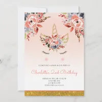 Unicorn Watercolor Florals Girly Peach Glitter Invitation