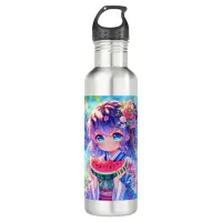 Cute Anime Girl Eating Watermelon on a Summer Day Stainless Steel Water Bottle