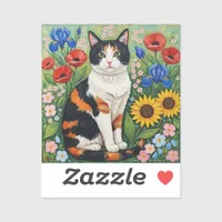 Calico Cat and Folk Art Sunflowers Sticker