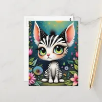 Whimsy White Tiger Critter in Flowers Postcard