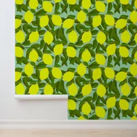 Yellow Lemons Green Leaves Citrus Fruit Pattern Wallpaper