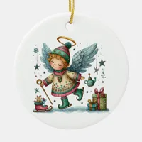 Whimsical Christmas Angel on Ice Skates Ceramic Ornament