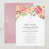 Pastel Watercolor Peonies First Holy Communion Invitation