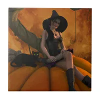 Witch and Cat on Giant Pumpkin  Tile