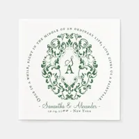 Monogram Crest Old Print Emerald Green Wedding Napkins