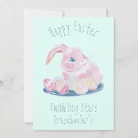 Pink Easter Bunny With Eggs Preschool Teacher Mint Holiday Card