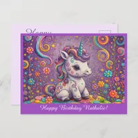 Cute Baby Unicorn Purple Birthday Greeting Postcard