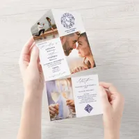 Rustic Crest Monogram 3 Photo QR Code Blue Wedding All In One Invitation