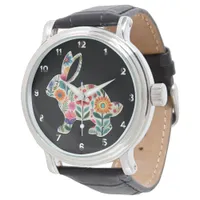 Flourished Easter Bunny Silhouette on Black Bg Watch