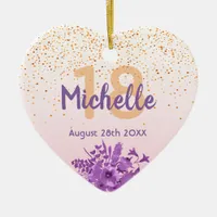 Birthday rose gold purple florals name ceramic ornament