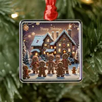 Gingerbread house and cute gingerbread family  metal ornament