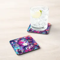 Glitchcore Colorful Anime Girl Artwork  Beverage Coaster