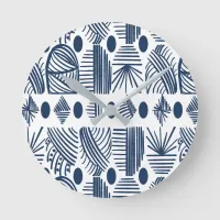 Caribbean Tribal Mudcloth: White, Navy Blue Round Clock