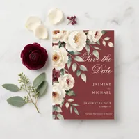 Watercolor Burgundy Peony Winter Wedding Save The Date
