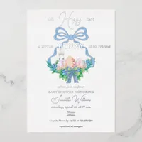 Purple Floral Crest Easter Bunny Boy Baby Shower Foil Invitation