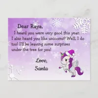 Postcards from Santa: Purple Unicorn in Santa Hat