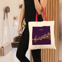 Purple gold music notes name monogram tote bag