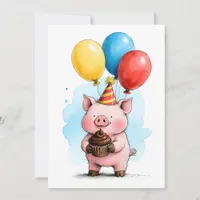 Cute Pink Pig & Cupcake Kid's Happy Birthday Flat Card