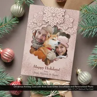 Christmas Rose Gold Glitter Snowflake Photo Holiday Card