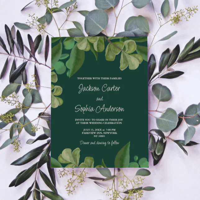 Emerald green Elegant rustic greenery leaves lush Invitation