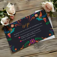 Mexican Black Colorful Floral Nuestra Boda Wedding RSVP Card