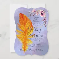 Quirky Flame Orange Feather with Pastel Flowers Invitation