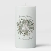 Cute Rabbits in a Floral Winter Wreath Pillar Candle